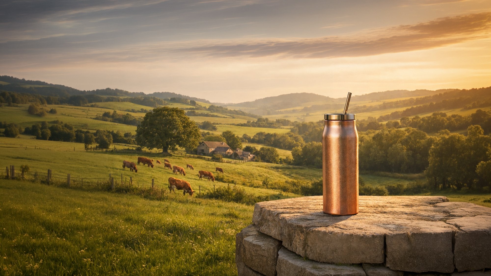 Copper bottle on stone wall at golden hour
